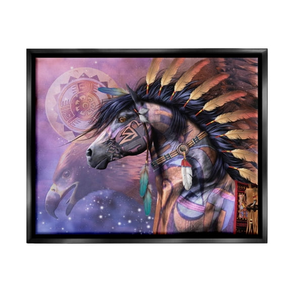 Stupell Industries Shaman Native Horse Animals & Insects Painting Black Floater Framed Canvas Art Print Wall Art, 21 x 17