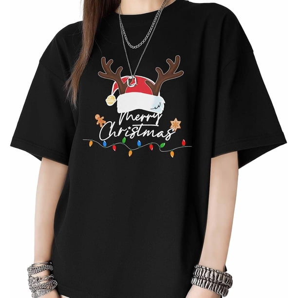 T Shirts for Womens Christmas Santa Hat Short Sleeve Graphic Tees Loose Fit T-Shirt Cotton Casual Tops
