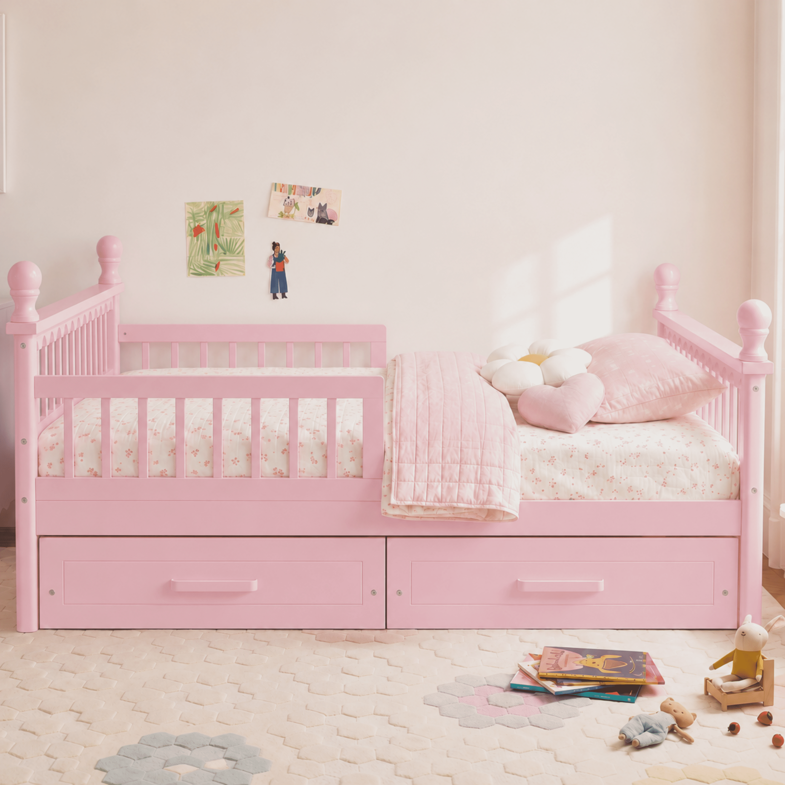 Euroco Wood Full Size Platform Bed with Drawers, Low Profile Kids Bed with Safety Guardrails, No Box Spring Needed, Pink