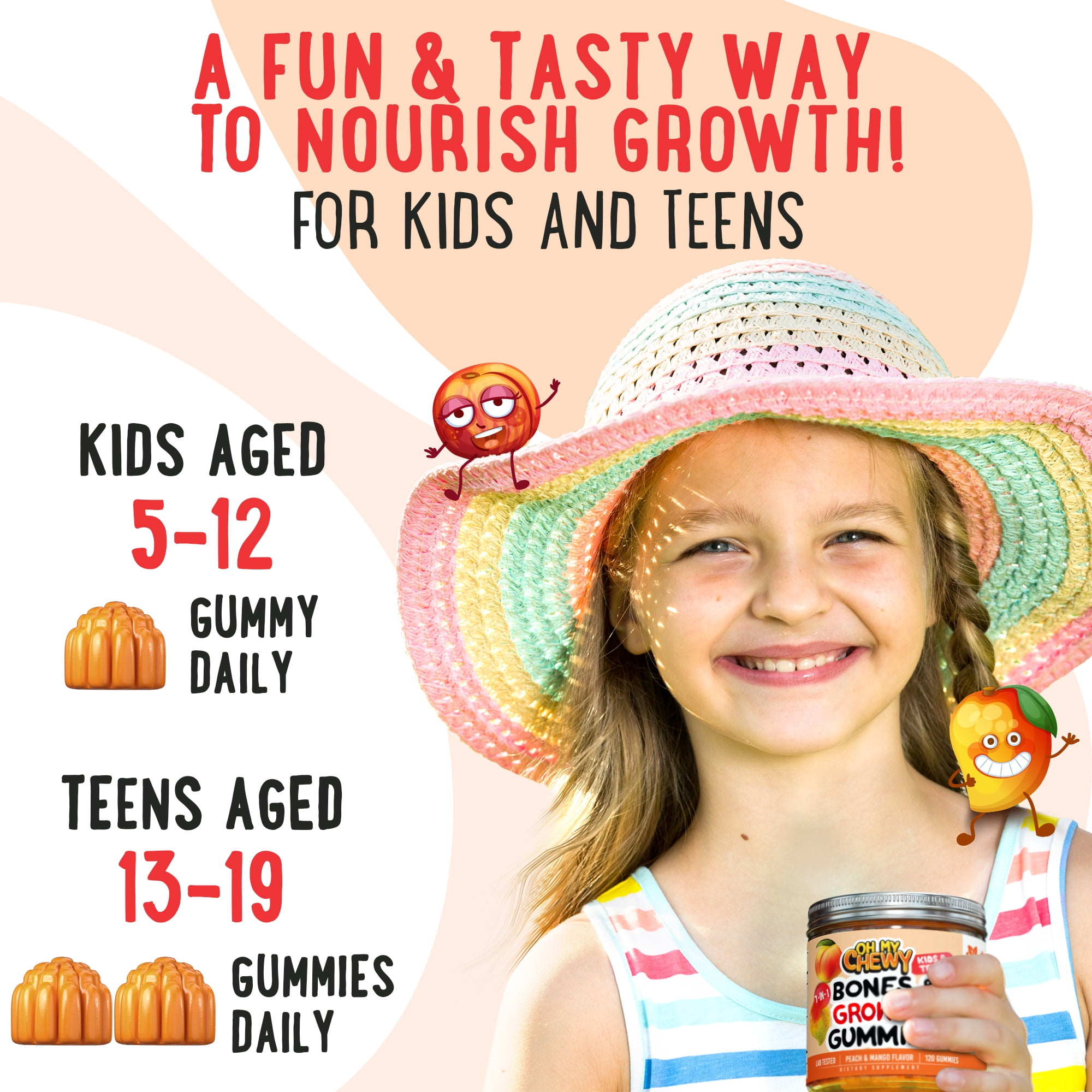 OH MY CHEWY Height Growth Vitamin Gummies for Kids & Teens - Growing Up and Bones Support for Supplement with Calcium, Zinc, Vitamin D3, K2, Spirulina and Astragalus – Peach & Mango 60 CT