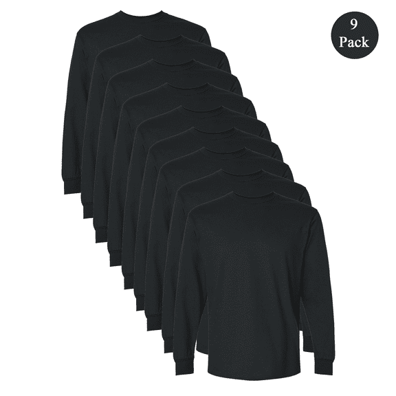 Gildan Long Sleeve Crewneck T-Shirt for Men, 9 Pack Ultra Cotton Classic Black Tee, S