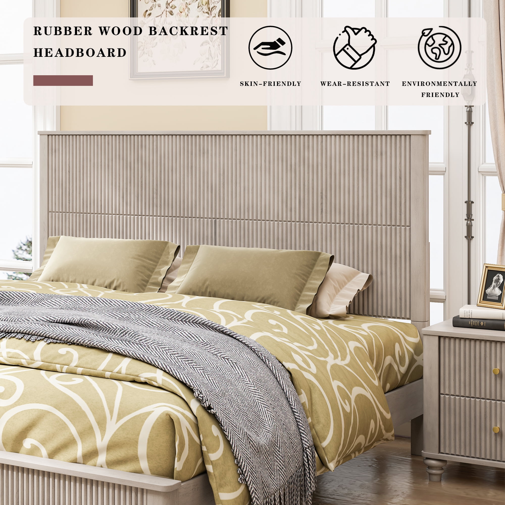 King Size Solid Wood Tall Headboard Platform Bed Frame with Headboard, No Box Spring Needed