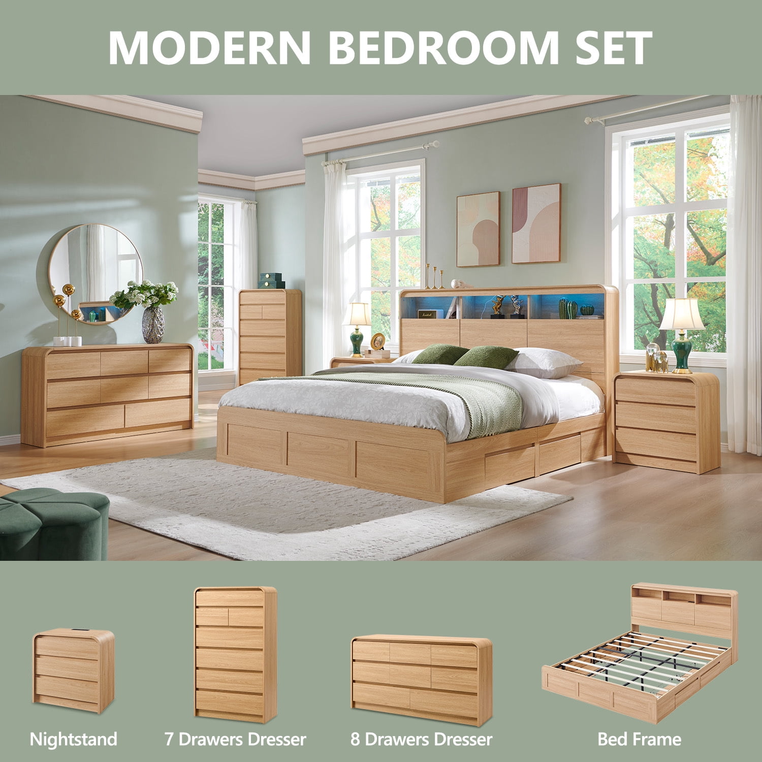 wow97e Modern Nightstand with Charging Station, 3 Drawer Wood Bedside Table w/Curved Profile Design for Bedroom