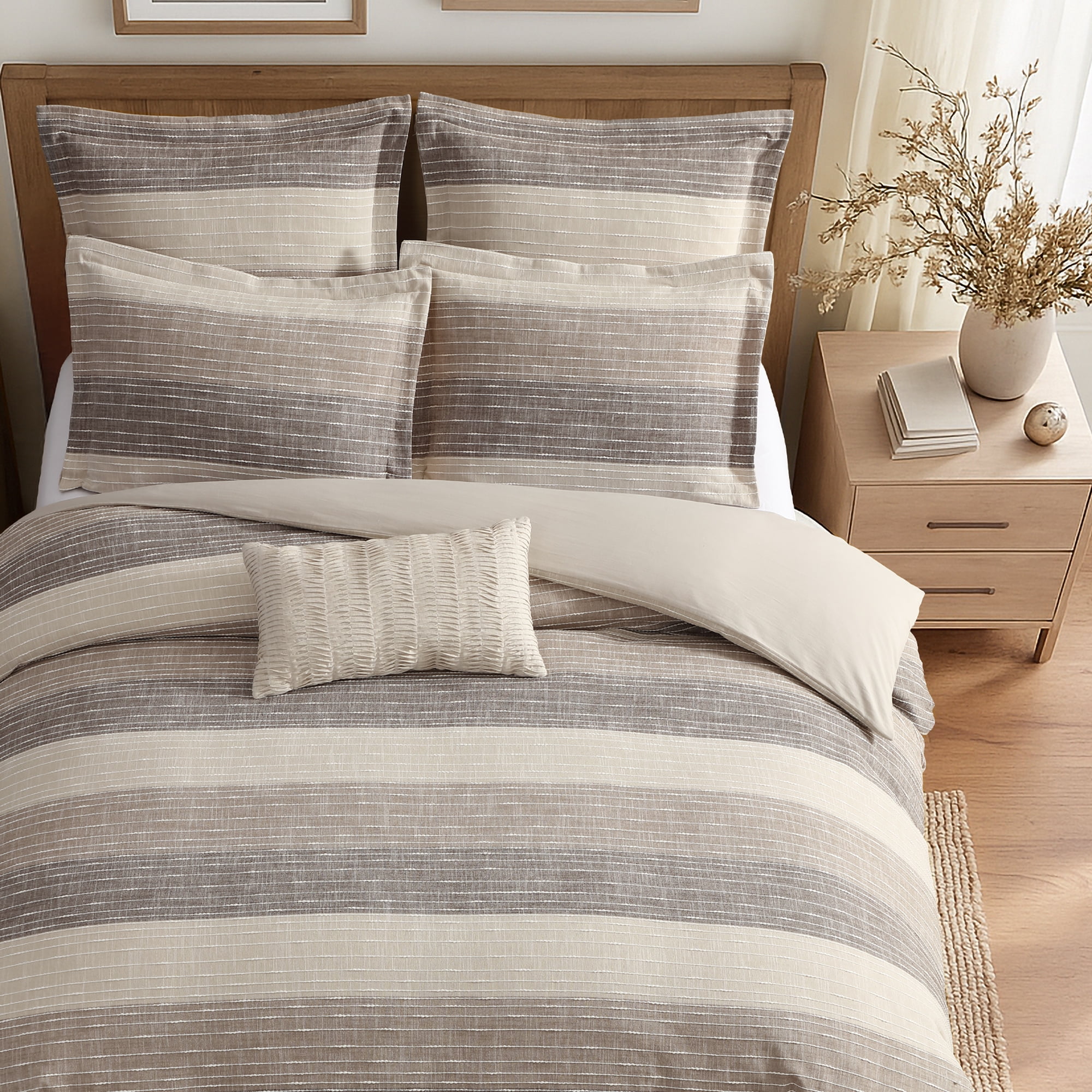 Levtex Home Sand Stripes Chocolate Twin Duvet Cover Set (68x88in) with 1 Pillowcase (26x20in) - Woven Jacquard Stripe - Brown, Tan, White - Cotton Twin Size Duvet Cover Set - Soft, Pre-Washed