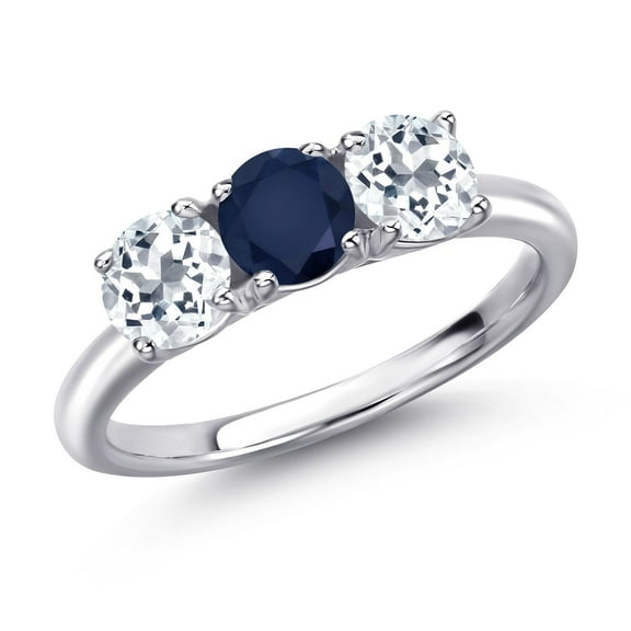 Gem Stone King 925 Sterling Silver Blue Sapphire and White Topaz Engagement Ring for Women | 1.80 Cttw | Round 5MM | Gemstone September Birthstone | Size 5