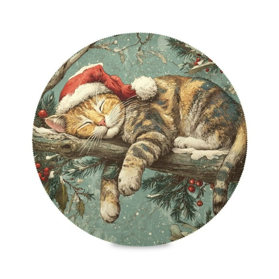 WOBOGO Christmas Cute Cat Round Placemats Set of 1 Heat Resistant Washable Kitchen Table Decorations 15.4in