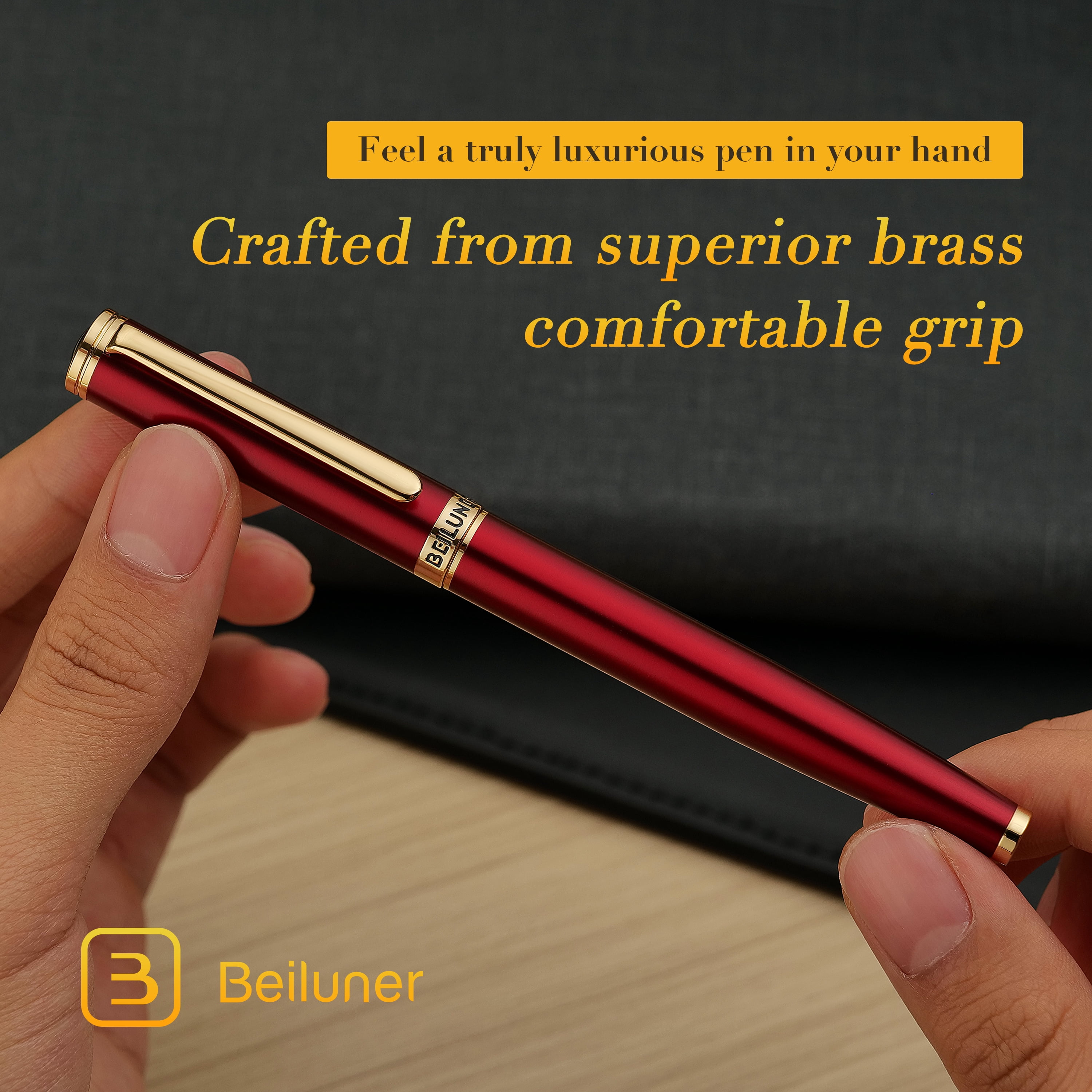 BEILUNER Red Fountain Pen,Stunning Luxury Pen,24K Gilded Nib(Medium),Gorgeous 24K Gold Finish,German Schneider Ink Converter,Trustworthy Pen Gift for Men&Women-Elegant,Executive,Nice Pen for Writing