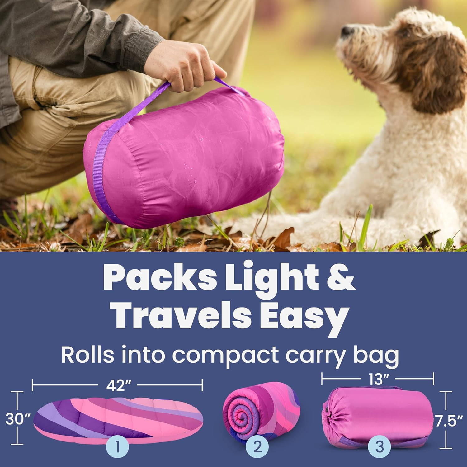 Dog Travel Bed, Packable Bed for Travel and Road Trips, Machine Washable, Pink