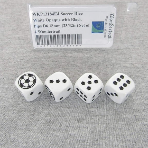 Soccer Dice White Opaque with Black Pips D6 18mm (23/32in) Set of 4 Wondertrail