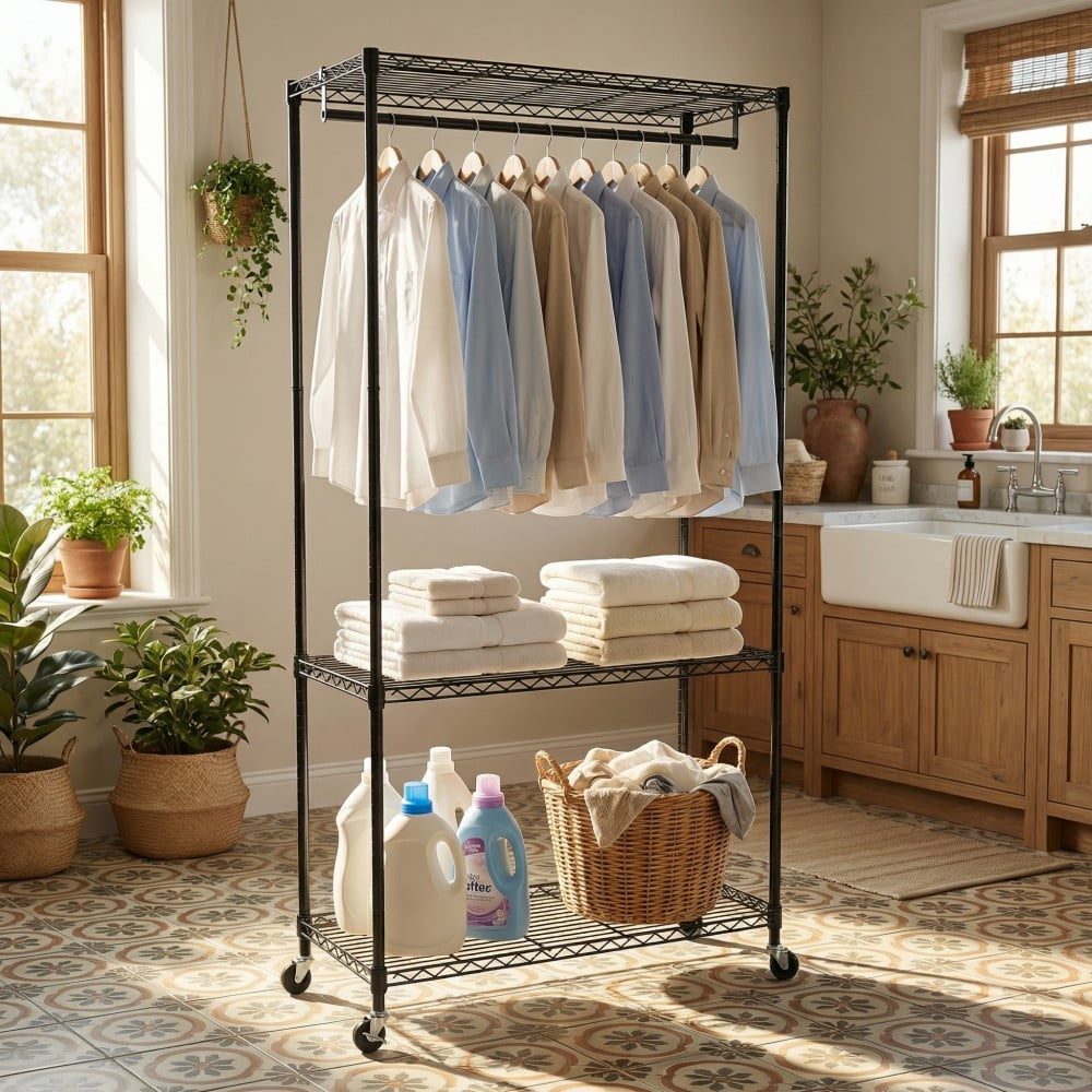 Rolling Clothes Rack, Heavy Duty Garment Rack with 3-Tier Wire Shelves & Hanging Rod, Freestanding Closet Organizer with 360° Wheels, Black
