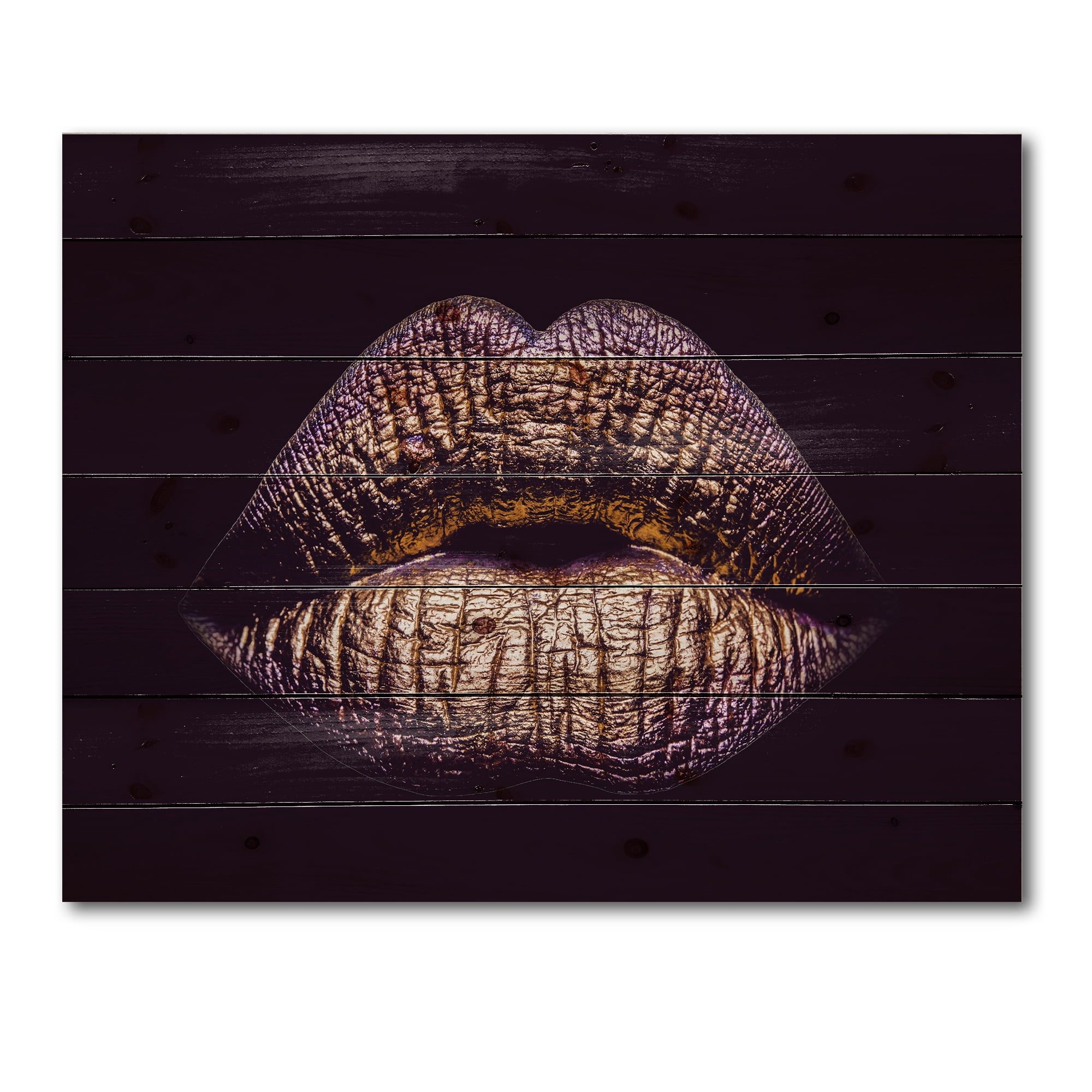 Designart 'Sexy Golden Metallized Woman Lips III' Modern Print on Natural Pine Wood