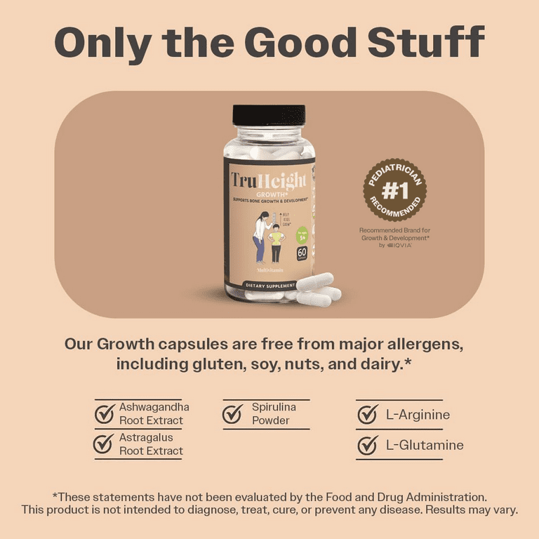 TruHeight Capsules - Height Growth Supplement - Grow Taller with Vital Nutrients for Kids & Teens - Keto with Ashwaganda & Nanometer Calcium - Increase Bone Strength, Ages 5+