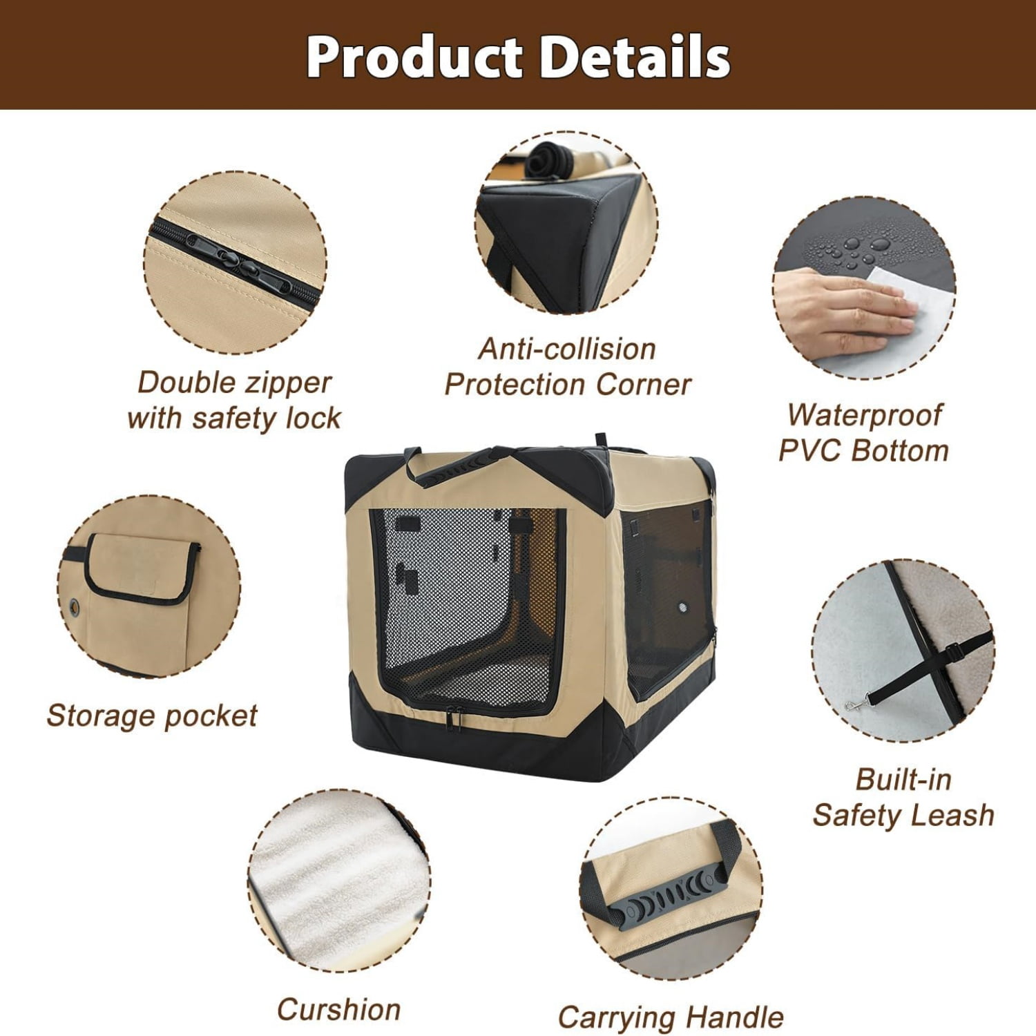 36 Inch Collapsible Soft Dog Crate for Large Dogs, 4-Door Foldable Travel Dog Kennel with Durable Mesh Windows for Indoor & Outdoor Portable Pet Crate, Soft Side Dog Crate, Beige