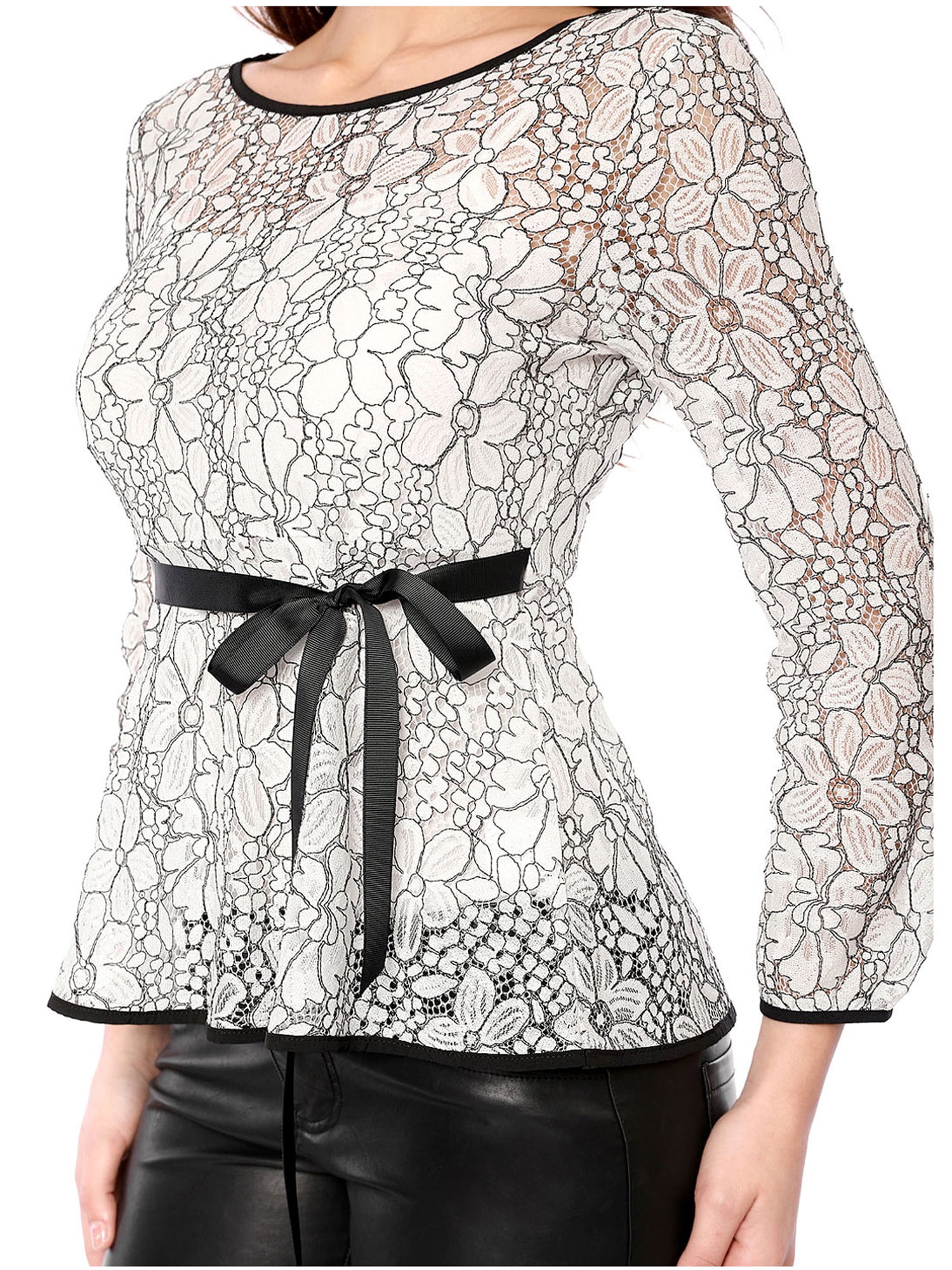 DARING DIVA Self-Tie Waist Semi Sheer Peplum Top XL White