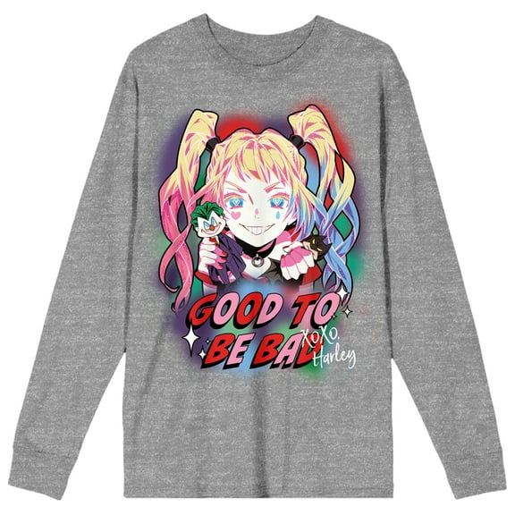 Harley Quinn Good To Be Bad Comic Sketch Art Crew Neck Long Sleeve Gray Heather Adult Tee-Small