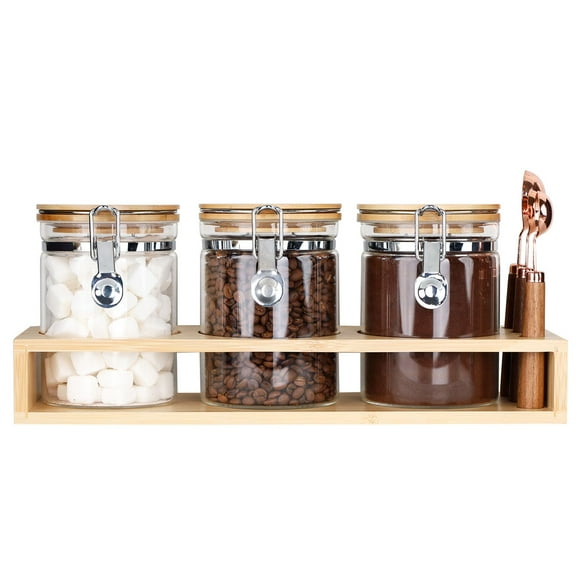KKC HOME ACCENTS Air Tight Glass Coffee Sugar Tea Storage Containers set 3 with Clamp Lid and Spoons,Airtight Sealed Glass Jars Canisters with Scoops