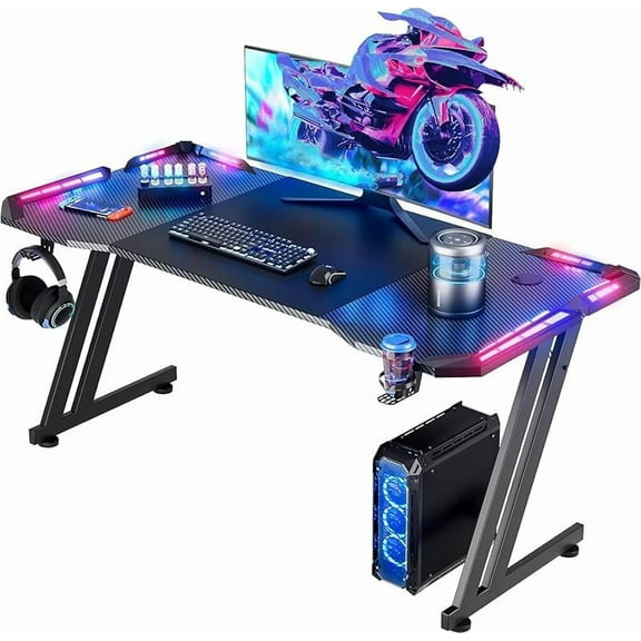 Gaming Desk with LED Lights Carbon Fibre Surface Gaming Table Large Computer Desk Ergonomic Home Office Desks Z Shaped PC Gamer Workstations with Cup Holder & Headphone Hook Black