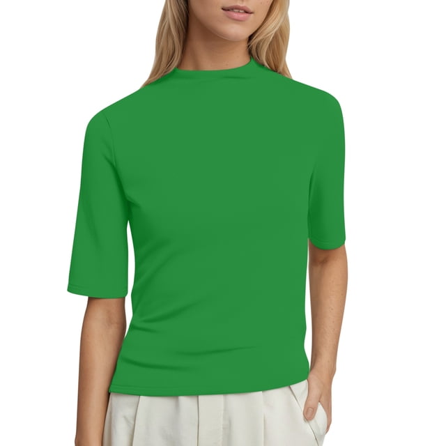 Women's Casual Solid Color Half Turtleneck Short Sleeve Top - Basic Flowy Design, Functional Pockets, Suitable for Spring/Summer/Fall