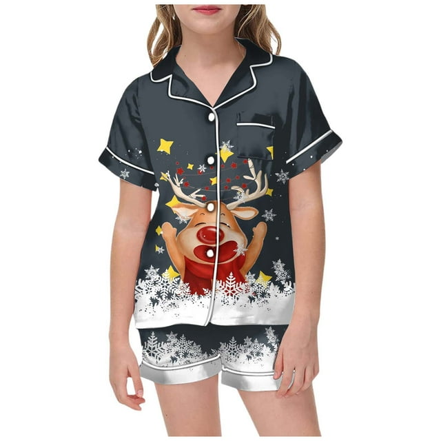 WEAIXIMIUNG Girls' Christmas Printed Pajamas Short Sleeved Button Top Shorts Home Pajamas Set 4-5 Years