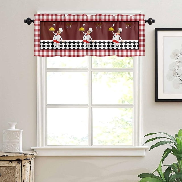 Fat Chef Kitchen Valance Curtains for Living Room/Bedroom/Bathroom/Window,Buffalo Plaid Checked Flag Rod Pocket Red Kitchen Decor Window Valance Tiers Small Cafe Curtains Drape Panel Accessories,54x18
