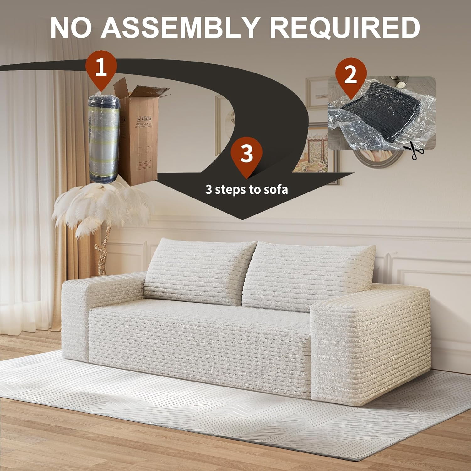 LUCKHAO 63" Corduroy Loveseat Sofa, 2-Seater Cloud Couch, Boneless Couch in a Box, Deep Seat Sofa with Memory Foam, No Assembly Required(White)