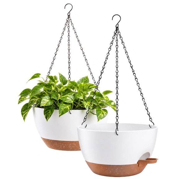 Laposso 2 Pack Self-Watering Hanging Plant Pots, Plastic Hanging Baskets with Adjustable Metal Chains, Indoor Outdoor Decor Hanging Planters for Trailing Plants,White & Terracotta