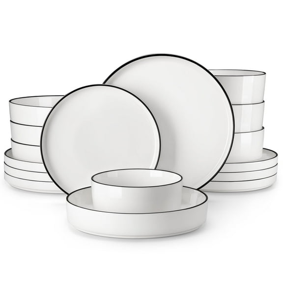 Vancasso 16pcs Ceramic Dinnerware Sets, Poreclain Plates w/Bowls, Service for 4, Oven & Dishwasher Safe, White and Black