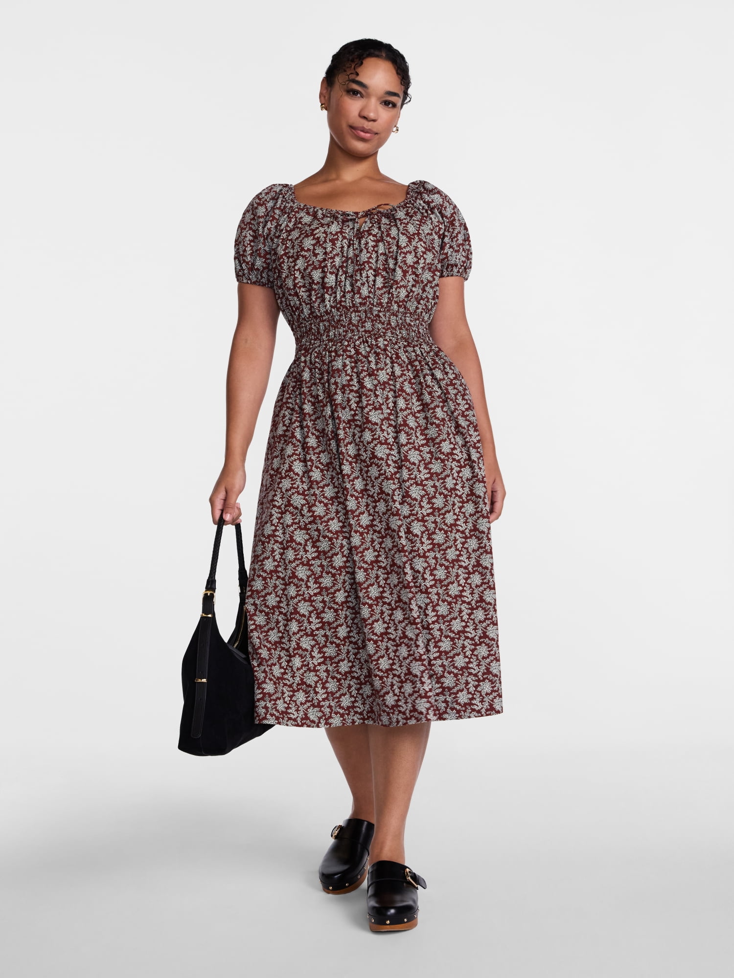 Scenario Women's and Women's Plus Smocked Waist Peasant Midi Dress with Puff Sleeves, Sizes XS-4X
