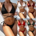 thumbnail image 2 of Ladies Solid Color Split Swimsuit Brazilian Comfortable for Fashion Strappy Swimsuit Beachwear Gather Bikini, 2 of 9