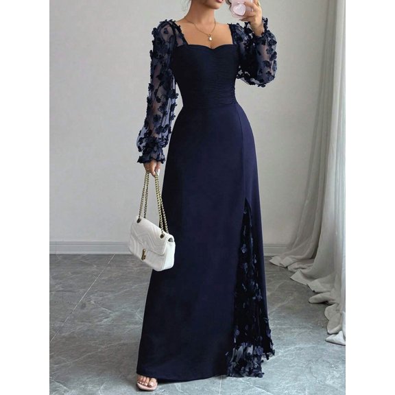 Navy Blue Floral Mesh Sleeve Maxi Dress With Sweetheart Neck, Ruched Waist And Side Slit Evening Gown