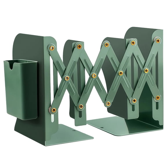 Adjustable Bookend, Metal Book Stand with Pen Holder, Foldable Book Organizer for Heavy Books, Green Coating, Extendable to 19.7 inches, Ideal for Office, Study, and Home Use