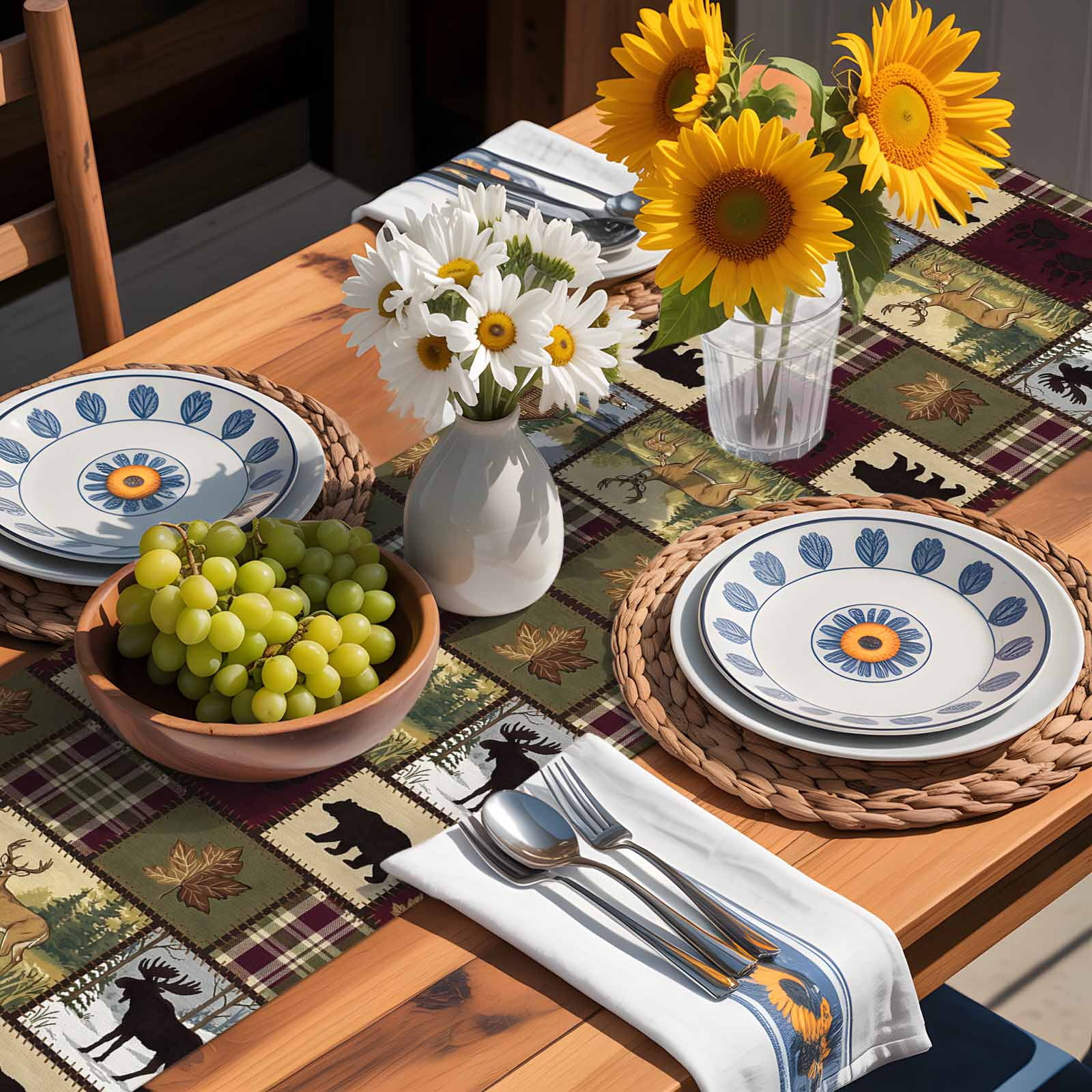 Boho Bear Deer Table Runner 18x72 Inch Rustic Cabin Country Forest Mountain Leaf Cotton Linen Dining Table Runner Ideal for Dresser Kitchen Coffee Tables - Machine Washable