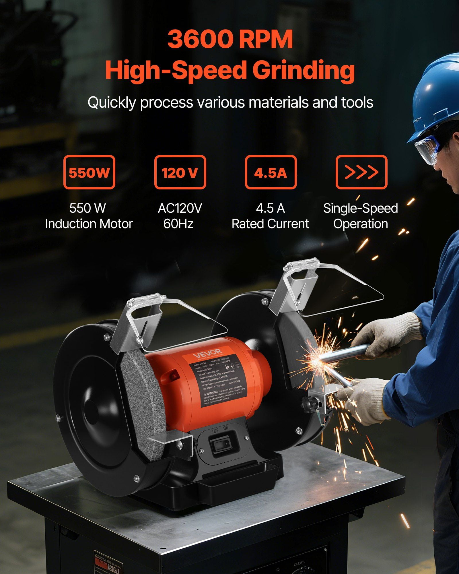 8 Inch Bench Grinder 3450RPM 550W Induction Motor with 36 60 Grit Grinding Wheel Adjustable Eye Shield for Fast Sharpening Grinding