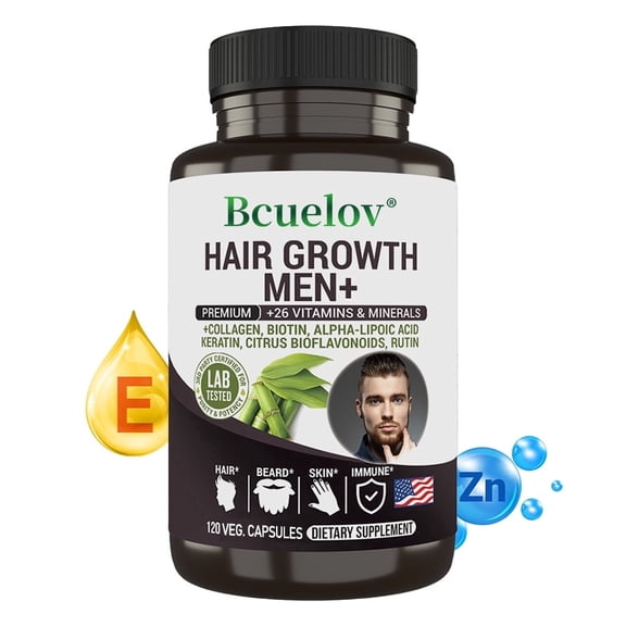 Bcuelov Hair Growth Men  Capsules, 120 Veggie Capsules - 26 Vitamins & Minerals with Collagen, Biotin & Keratin, Supports Hair, Beard & Skin Health, 2-Month Supply, Vegan Friendly
