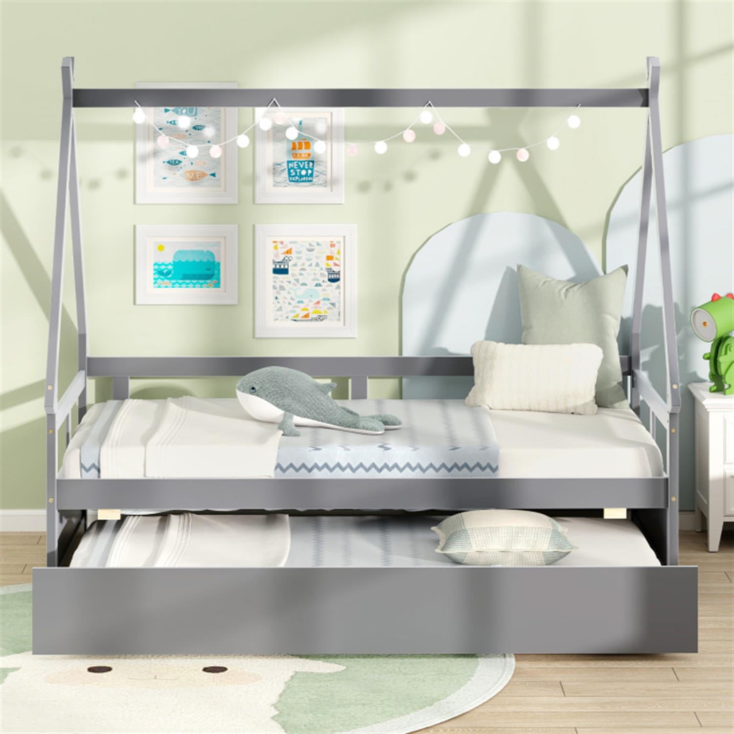 Demi Bonn Twin Size House Bed Frames with Trundle and Safety Guardrail, Modern Platform Bed Frames for Teens, Gray