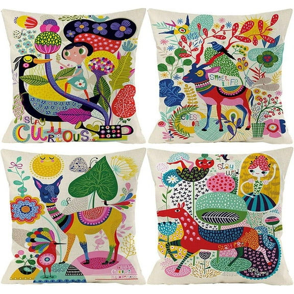 18 x 18 Pillow Cover Kids, 18 inch Pillow Covers Kids, Animal Pillow Covers 18x18 Set of 4 Outdoor Decorative Linen White Background Square Pillowcases for Couch Living Room Patio Home Decor