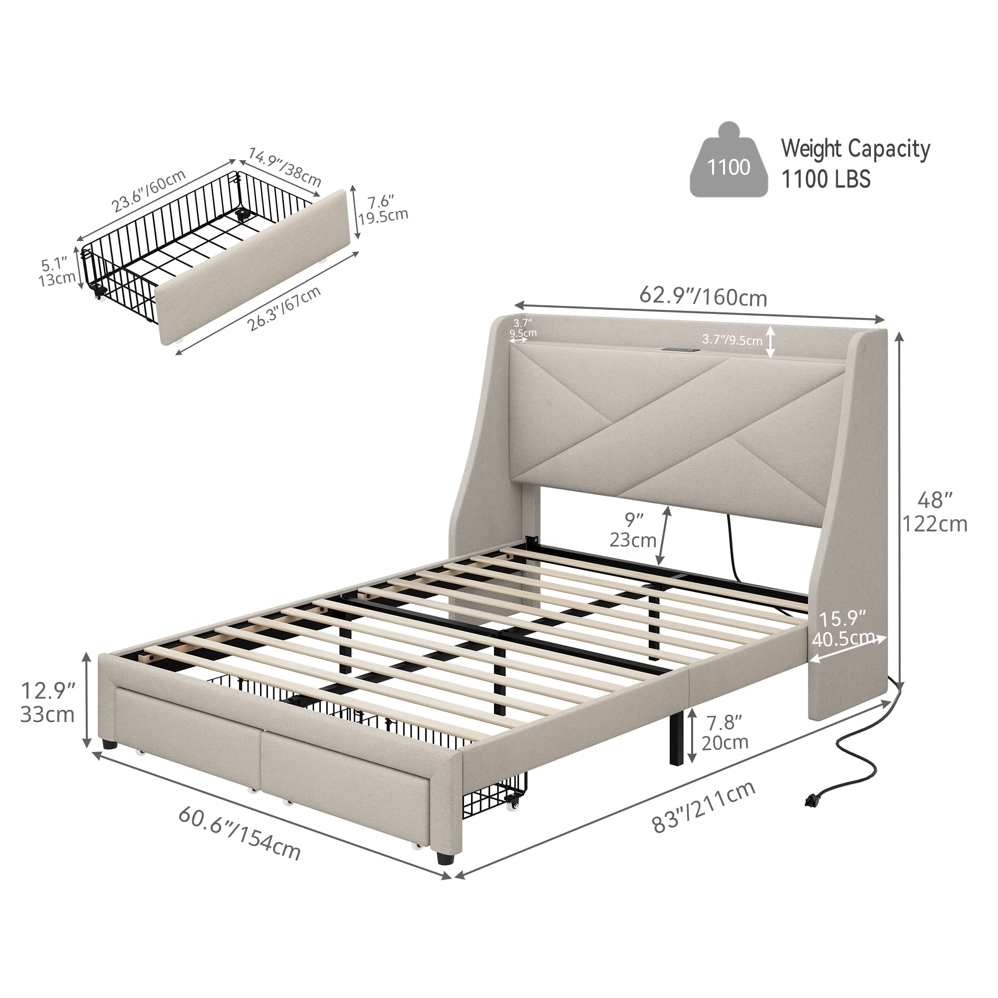 Uforic Queen Size Simple Assembly Bed Frame with Storage Drawers and Charging Ports, Perfect for Adult, Beige
