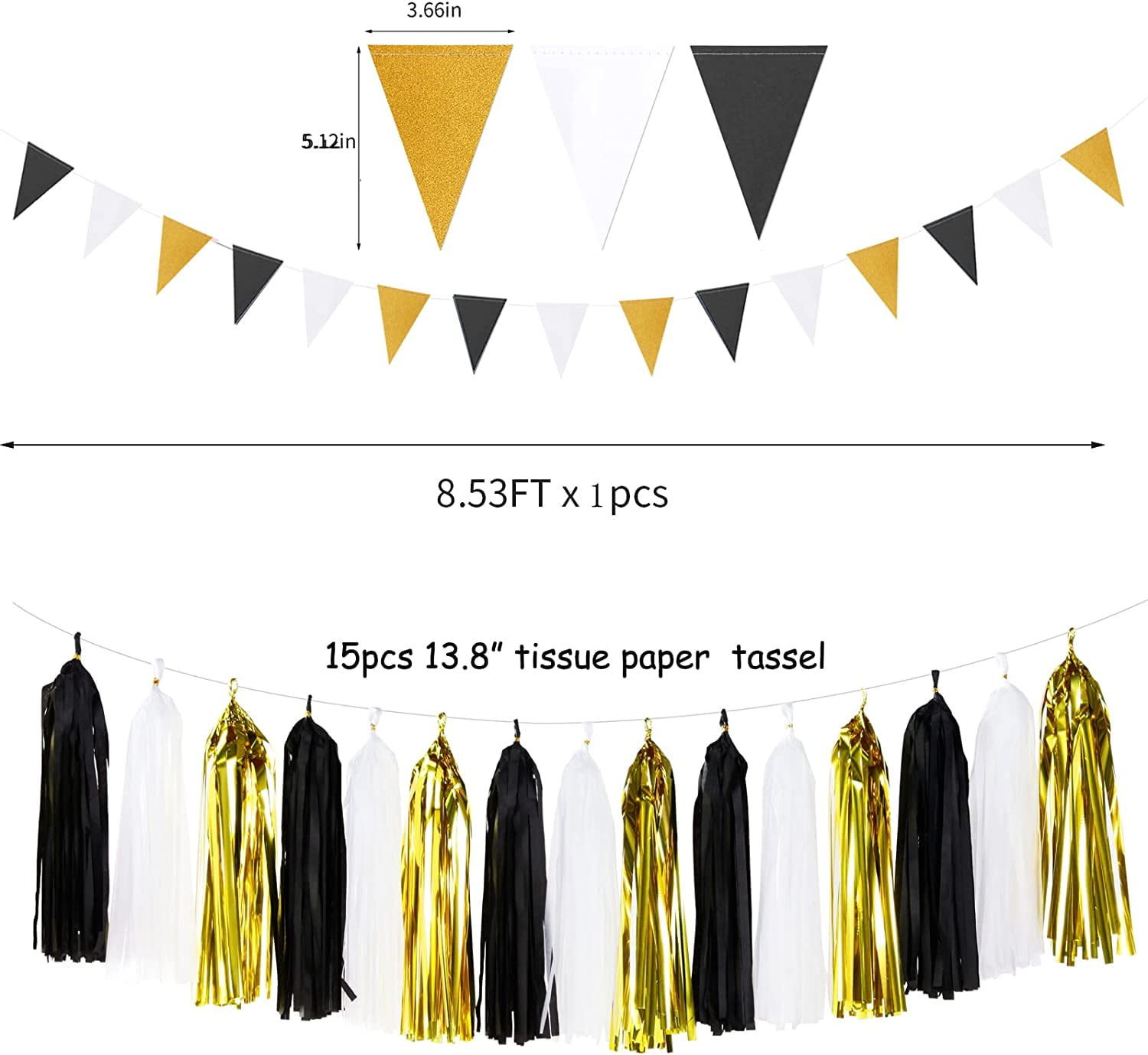 Black Gold Graduation Party Decorations - 23pcs Kits Farewell Tissue Pom Poms Flowers,Streamers Banner,Tassel Garland 50th Men Birthday Bachelorette Baby Shower Decoration Bunting