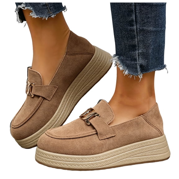 Orthopedic Loafers Shoes for Women Suede Arch Support Platform Slip on Round Toe Wide Width Lightweight Boat Shoes Khaki Size 6.5