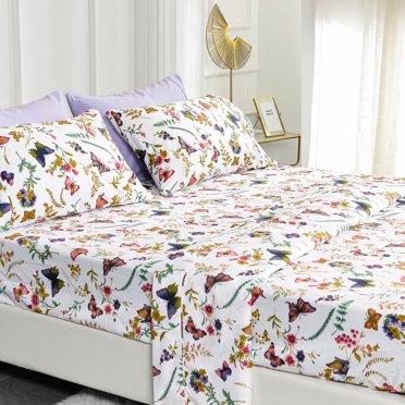 American Home Collection Floral Bed Sheets, Soft Microfiber Wrinkle Resistance Durable and Easy Care, Butterfly Pattern 6 Piece Set for Queen Size Bed