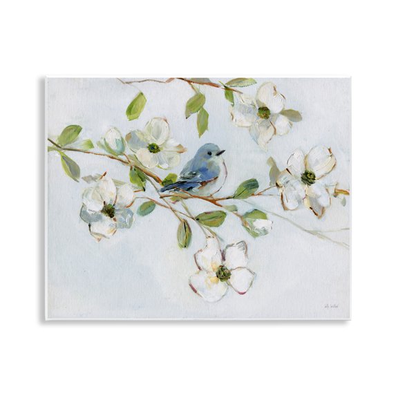 Stupell Industries Bird Perched on Dogwood Floral Painting Unframed Art Print Wall Art, 14 x 11