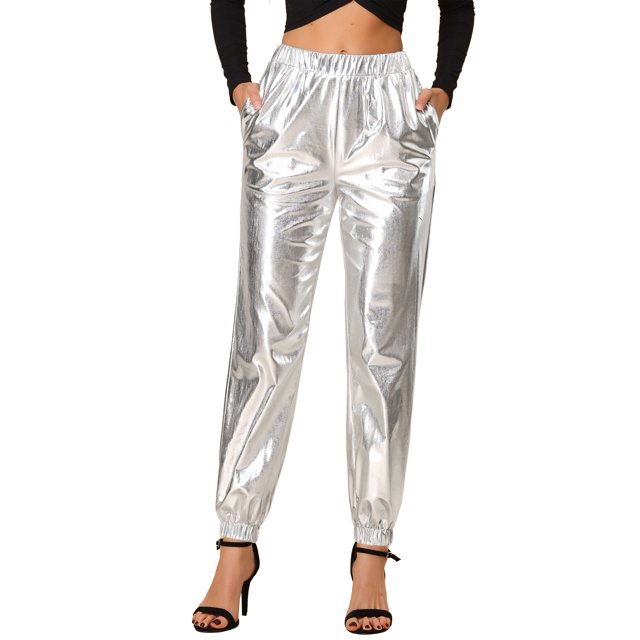 Unique Bargains Women's Party Sparkle Shiny High Waist Metallic Jogger Pants