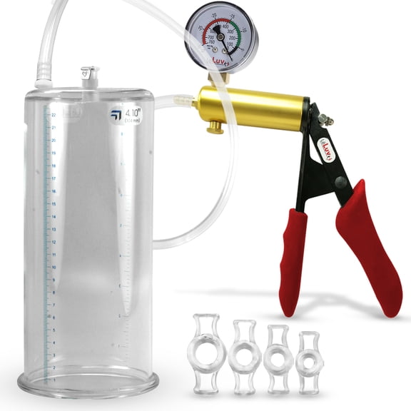 LeLuv Ultima Penis Pump, Brass w/ Red Handle, Silicone Grip, Clear Hose Gauge | 4 Cock Rings | 12" x 4.10" Cylinder