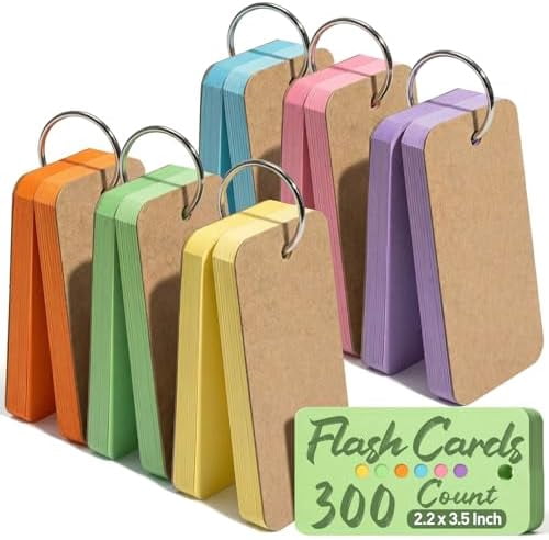 Tekola 300PCS Flash Cards with Key Ring, Colored Index Cards for School, 2.2 x 3.5 Inch, Small Portable Notecard for Studying Nursing Classroom Office Home Note Taking To Do List Essentials, 6 Colors
