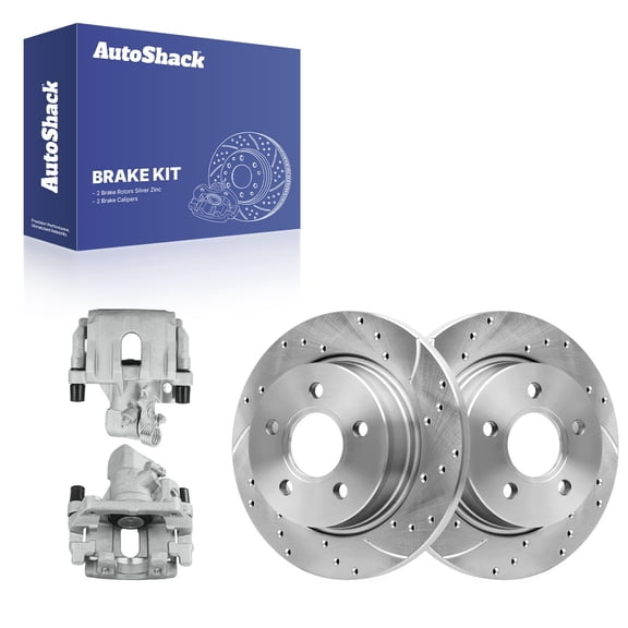 AutoShack Rear Solid Drilled & Slotted Silver Zinc Coated Brake Rotors   Calipers 4-PC Brake Kit Replacement for 2012-2018 Ford Focus SilverShield Pro 10.67" (271 mm)