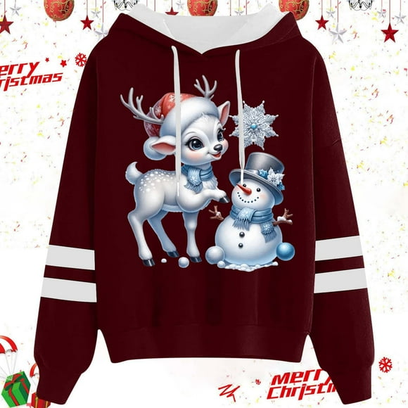WILLBEST hoodies Women's and Winter Fashionable Christmas Snow Deer Print Drawstring Hooded Sweatshirt denim tears hoodie￼