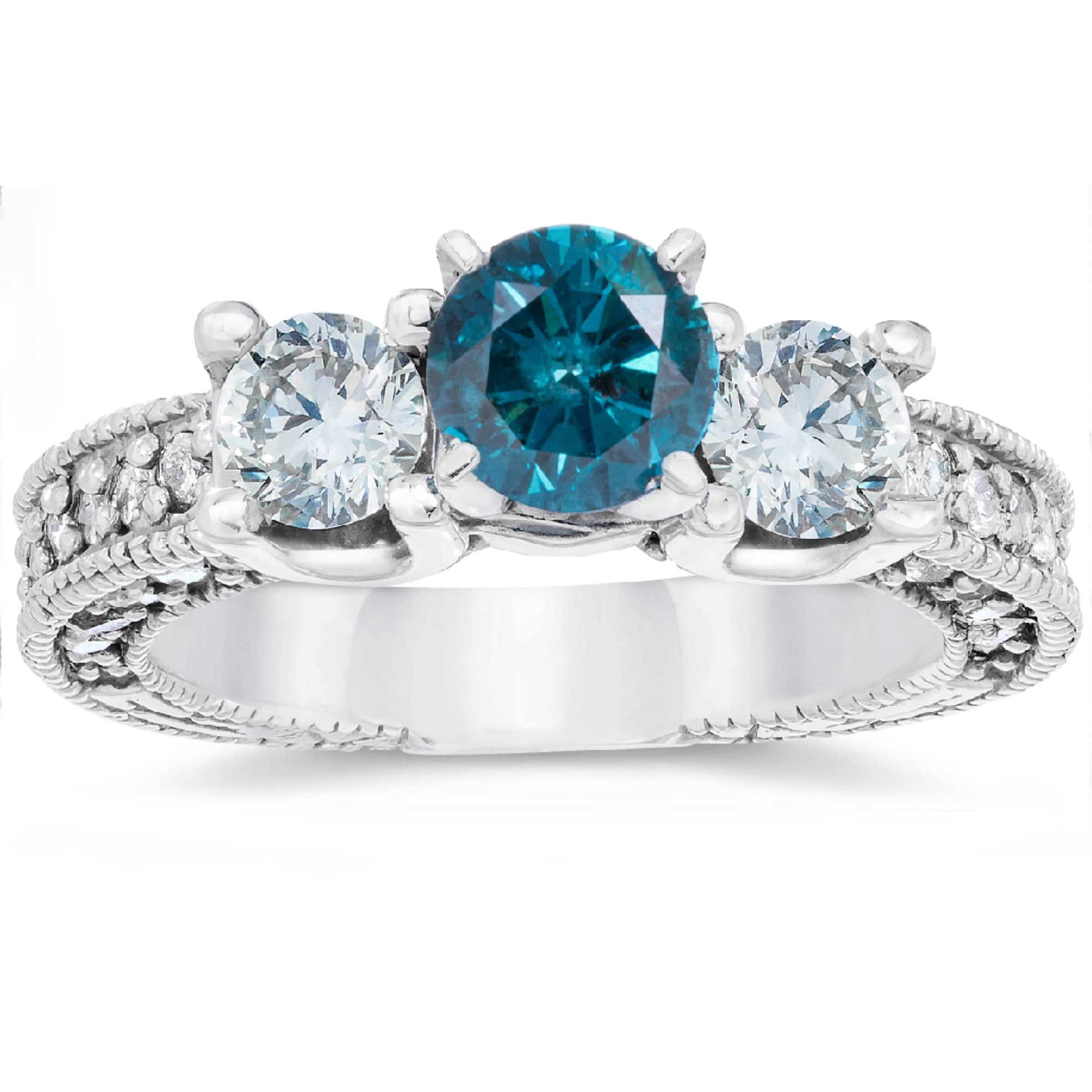Bague De Fiançailles Vintage Or Blanc 14k - Pierre Coussin Bleu 2,10 Carats, Lab-created, Taille 7