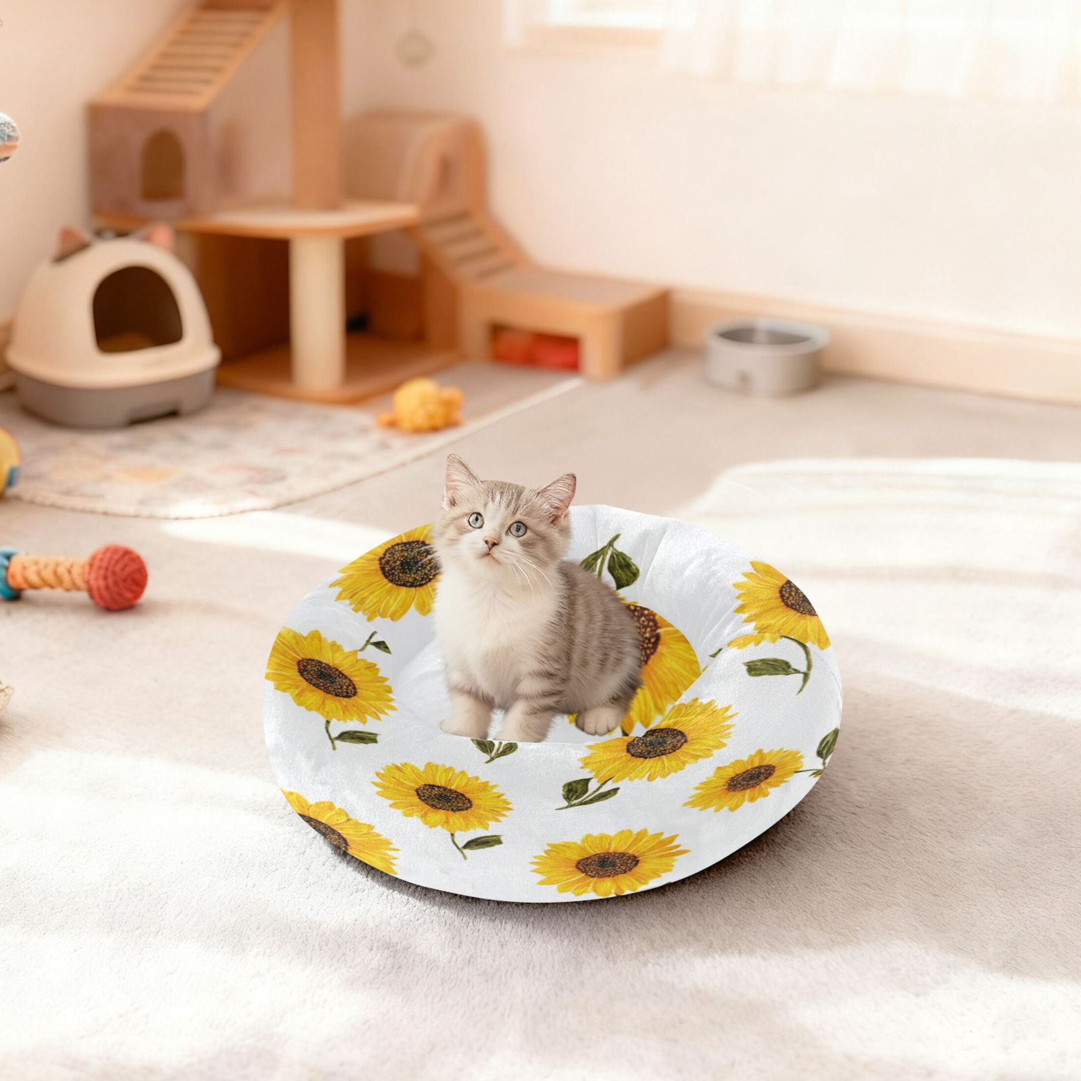 Iauyy Pet Couch Donut Cat Bed for Indoor Cats/Small Dogs Washable & Machine with Non-slip Bottom Calming Cat Furniture, Simple Yellow (M)