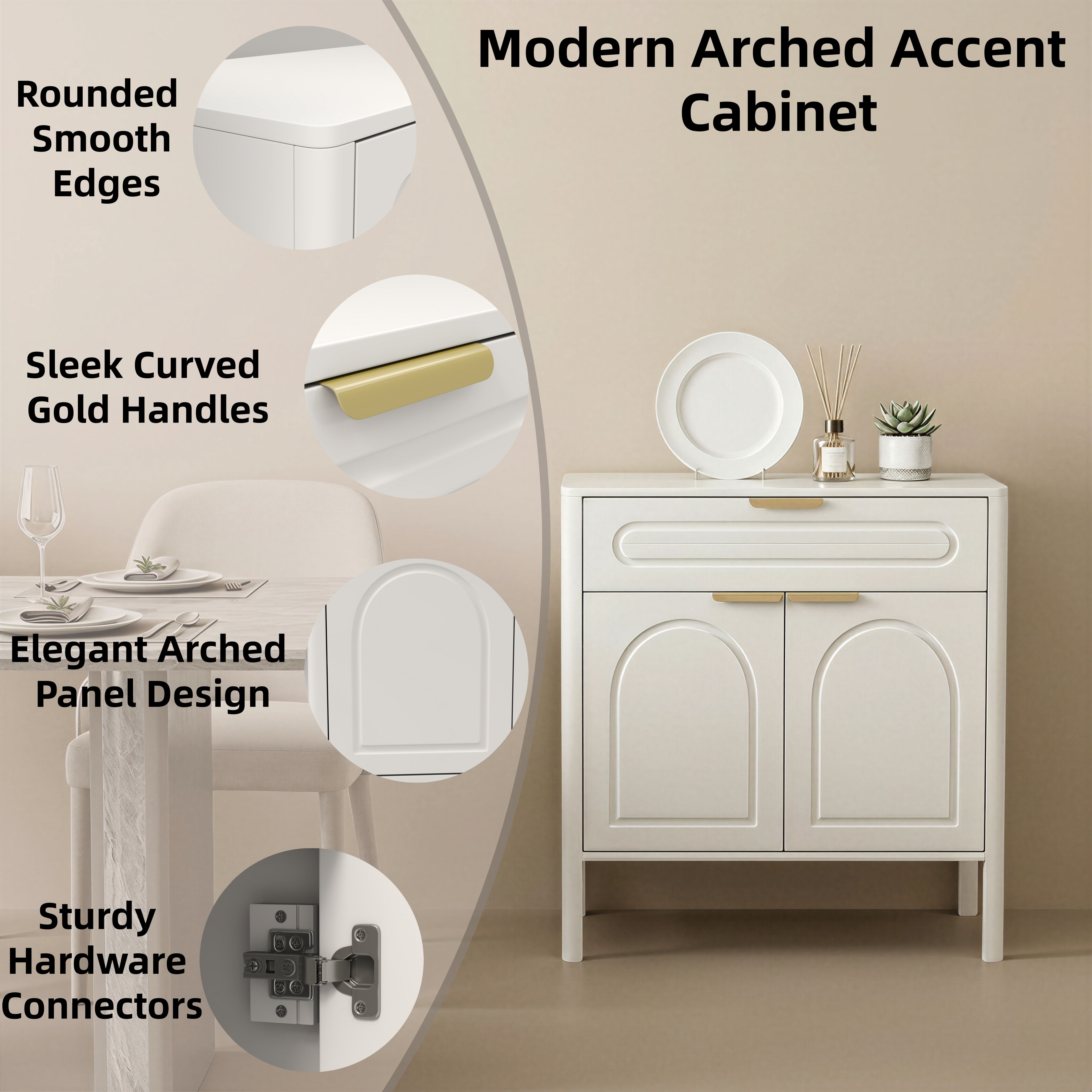 GARITIN Arched Accent Storage Cabinet 29.5 Inch, Freestanding Sideboard Buffet with Drawer and Gold Metal Handles for Entryway Living Room, White
