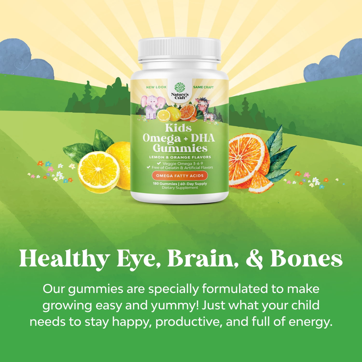 Natures Craft Plant-Based Omega 3 6 9 Gummies for Kids with Vitamin C – Immune Support, 180 Count